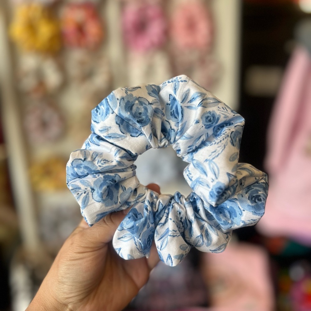 Blue Floral Cotton Scrunchie - Women's Hair Accessory